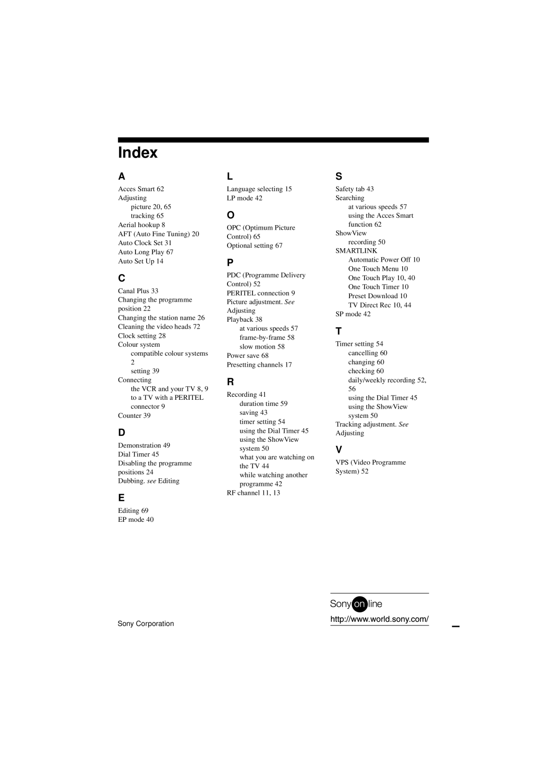 Sony SLV-SE450B, SLV-SE250B operating instructions Index, Smartlink 