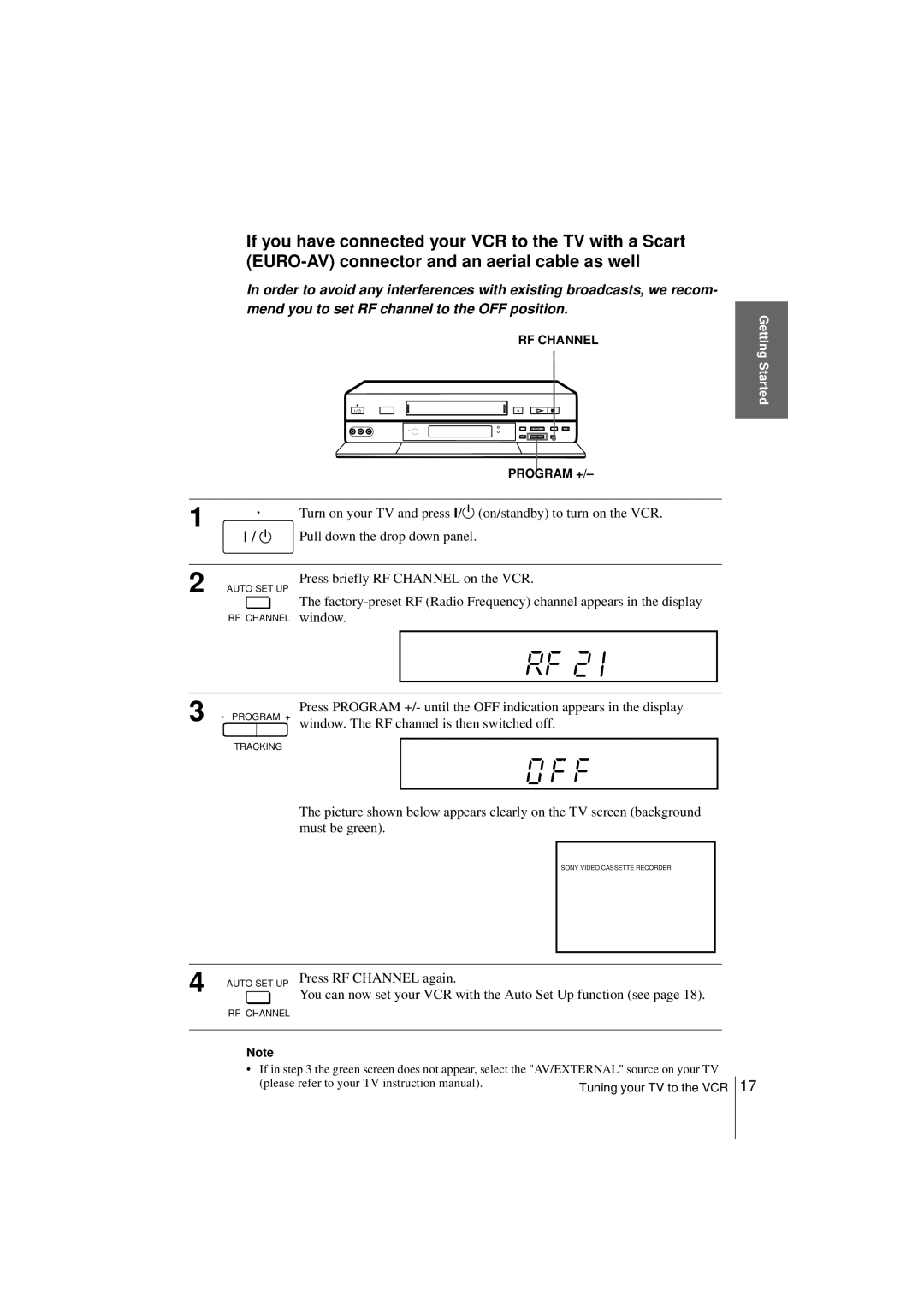 Sony SLV-SE850G operating instructions Window. The RF channel is then switched off, Press RF Channel again 