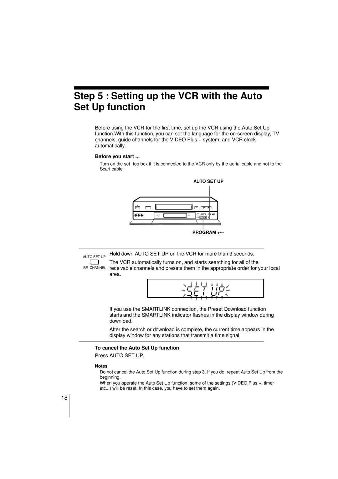 Sony SLV-SE850G Setting up the VCR with the Auto Set Up function, Before you start, To cancel the Auto Set Up function 