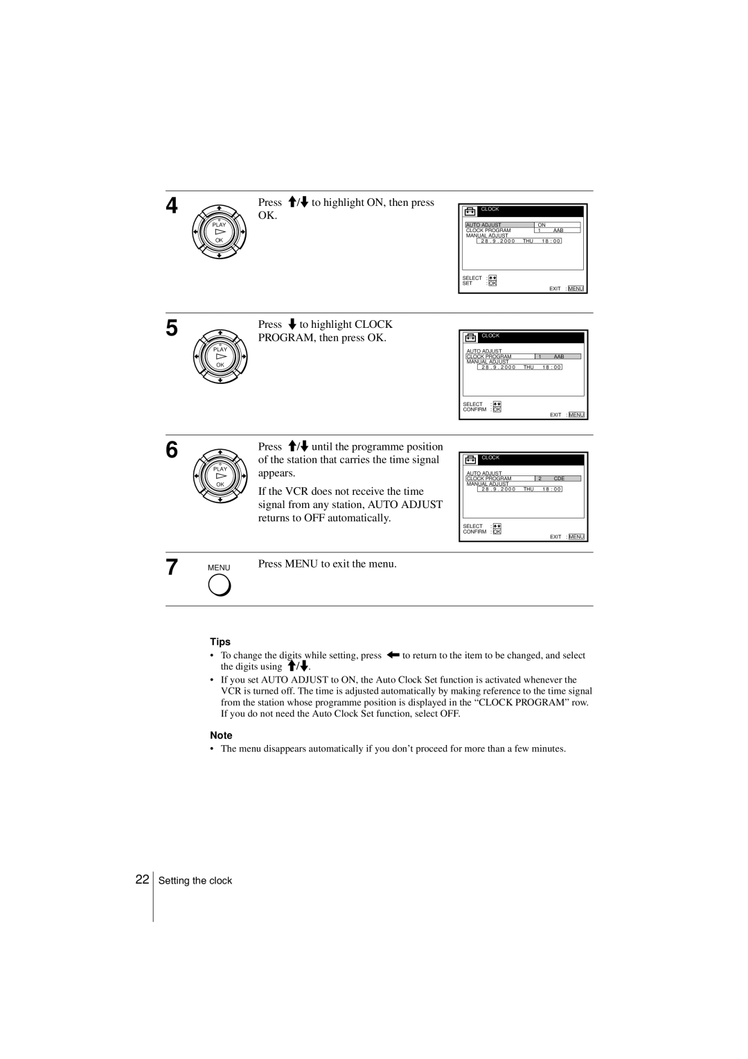 Sony SLV-SE850G Press M/m to highlight ON, then press OK, Press m to highlight Clock PROGRAM, then press OK, Tips 