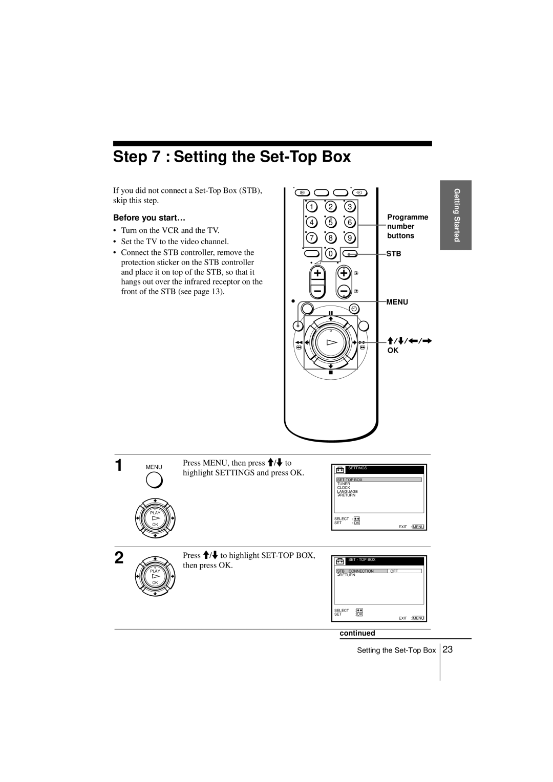 Sony SLV-SE850G Setting the Set-Top Box, If you did not connect a Set-Top Box STB, skip this step, Then press OK 