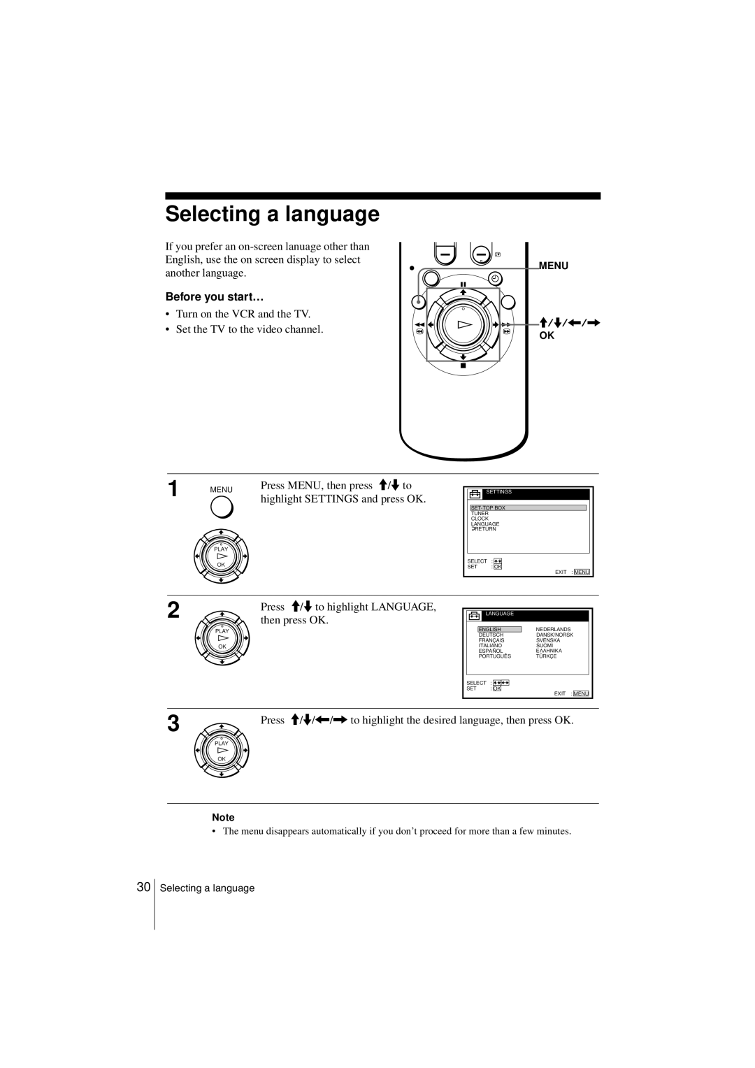 Sony SLV-SE850G operating instructions Selecting a language, Press M/m to highlight LANGUAGE, then press OK 