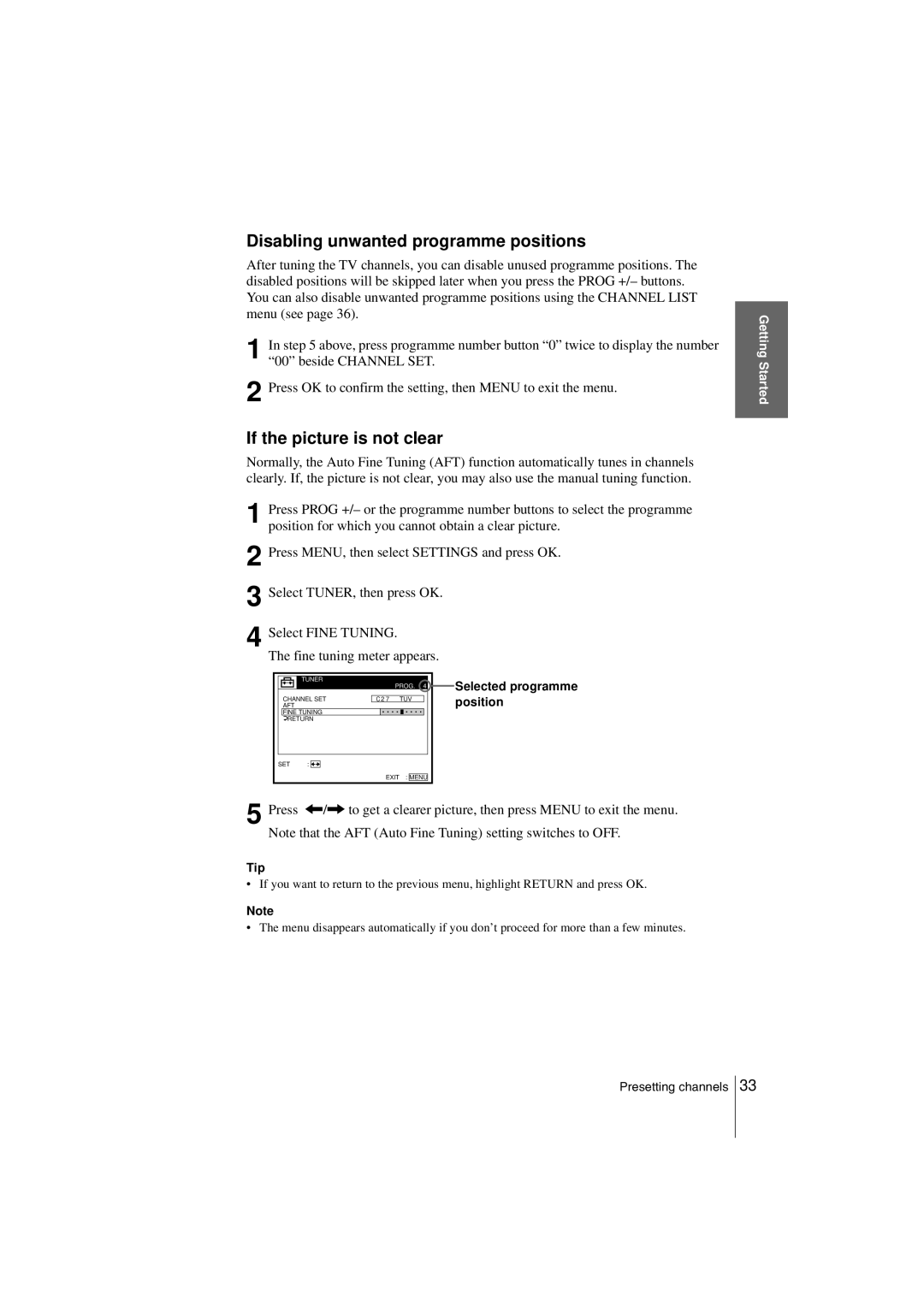 Sony SLV-SE850G operating instructions Disabling unwanted programme positions, If the picture is not clear, Position 