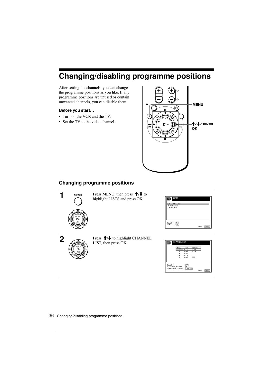 Sony SLV-SE850G operating instructions Changing/disabling programme positions, Changing programme positions 