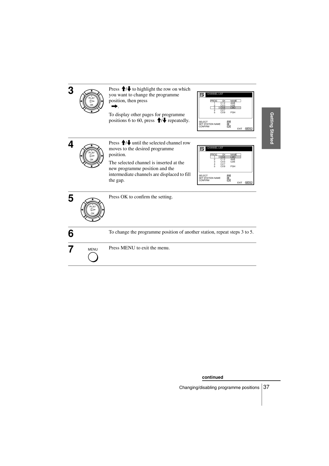 Sony SLV-SE850G Position, then press, To display other pages for programme, Positions 6 to 60, press M/ m repeatedly, Gap 