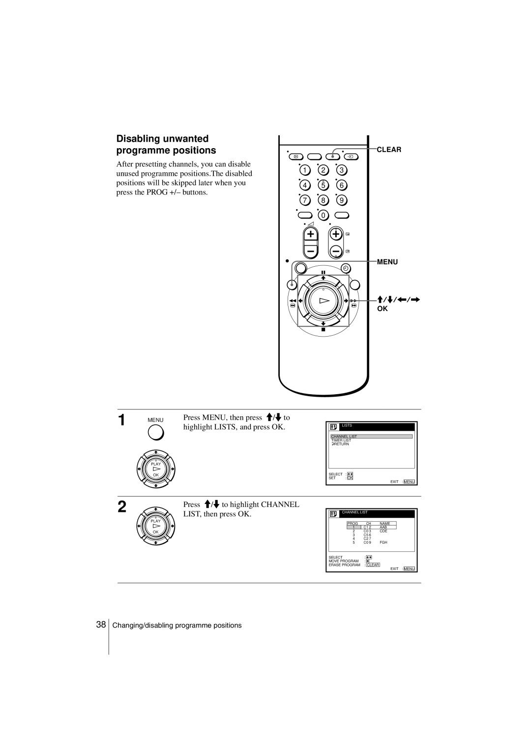 Sony SLV-SE850G operating instructions Disabling unwanted programme positions, Highlight LISTS, and press OK 