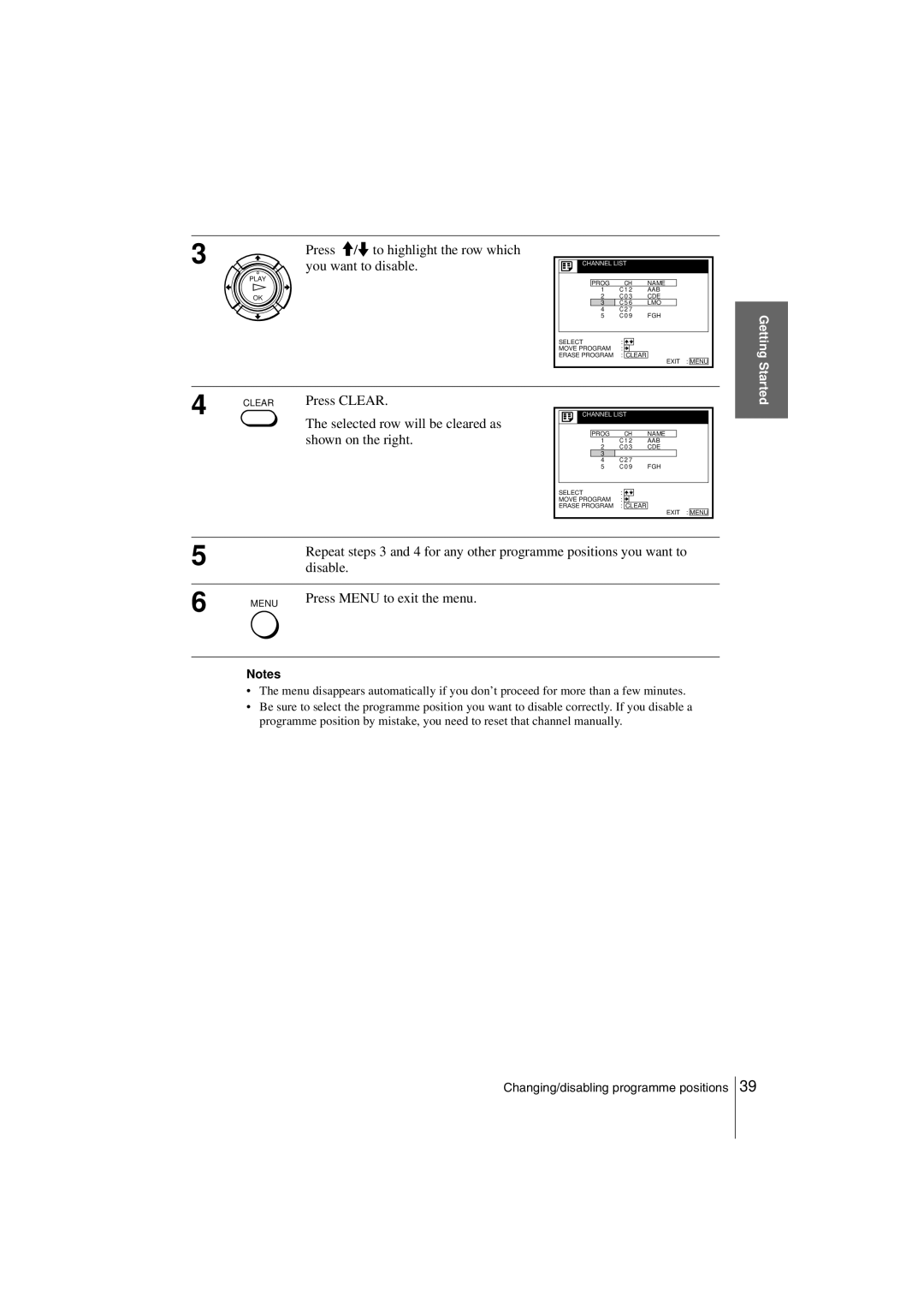 Sony SLV-SE850G operating instructions Press M/m to highlight the row which you want to disable 