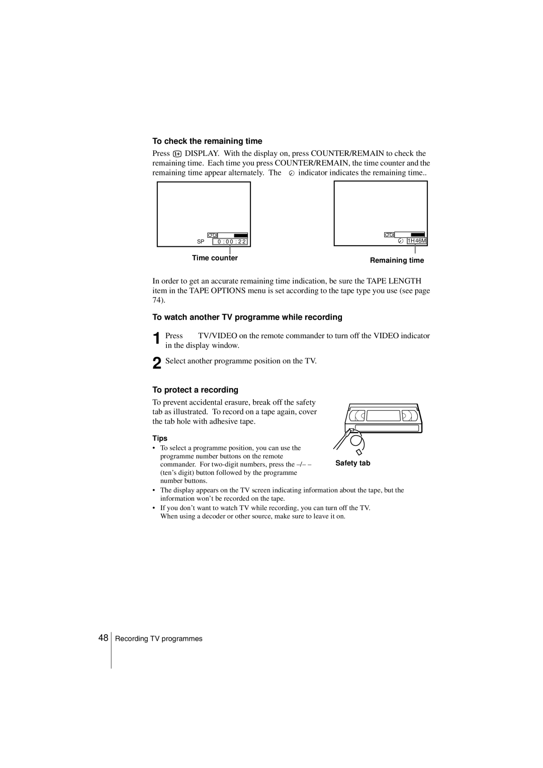 Sony SLV-SE850G To check the remaining time, To watch another TV programme while recording, To protect a recording 