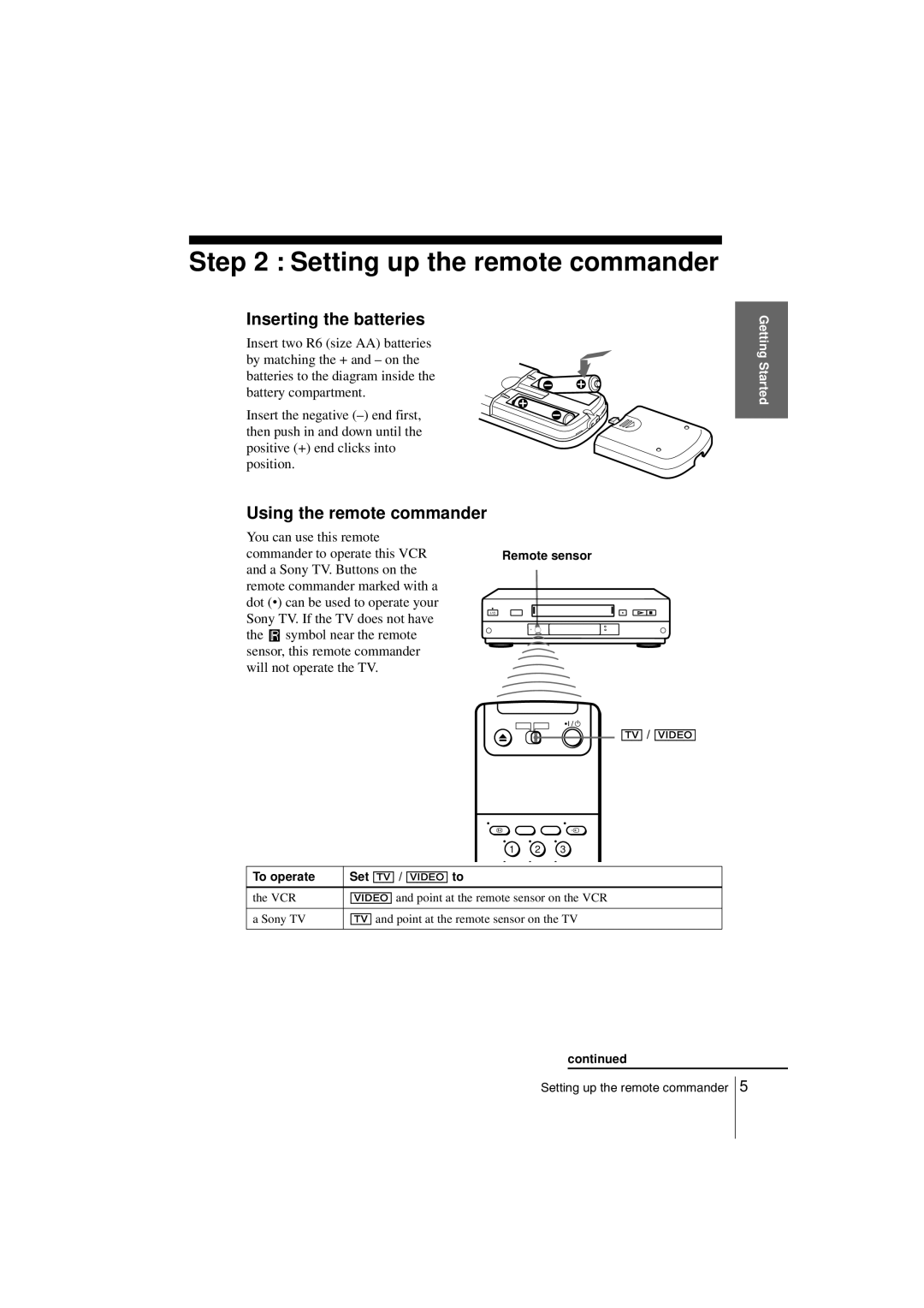 Sony SLV-SE850G Setting up the remote commander, Inserting the batteries, Using the remote commander, Remote sensor 