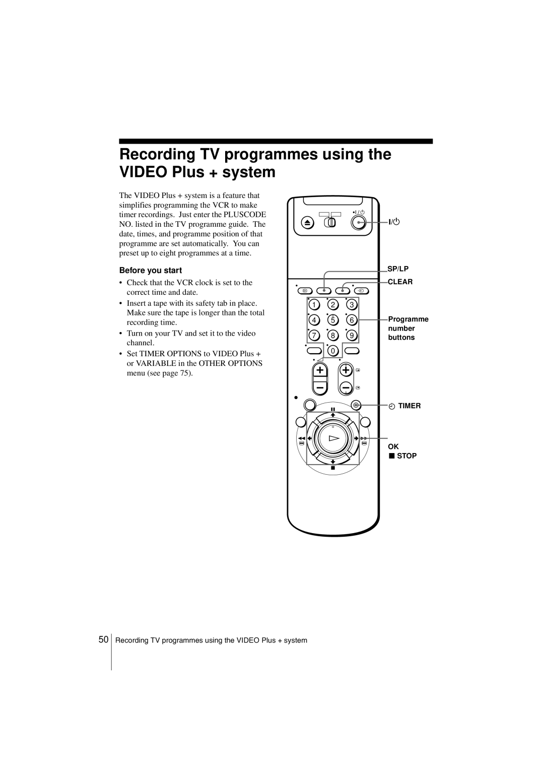 Sony SLV-SE850G operating instructions Recording TV programmes using the Video Plus + system, Number, Buttons 