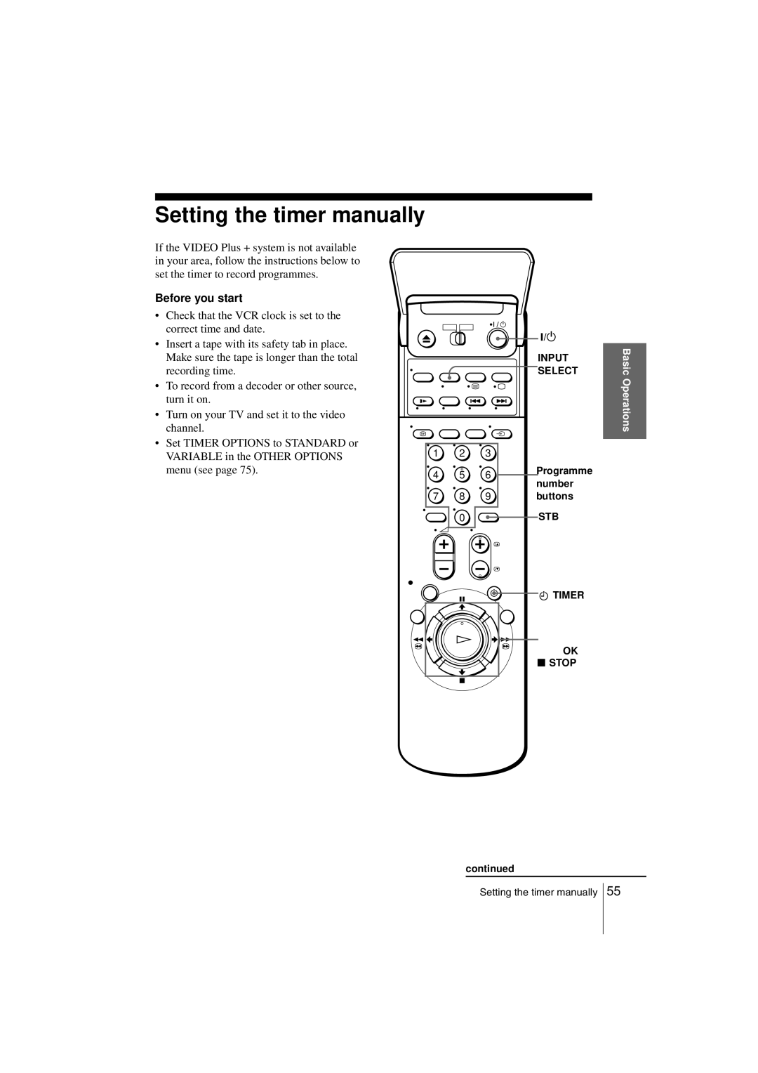 Sony SLV-SE850G operating instructions Setting the timer manually, Programme Number Buttons 