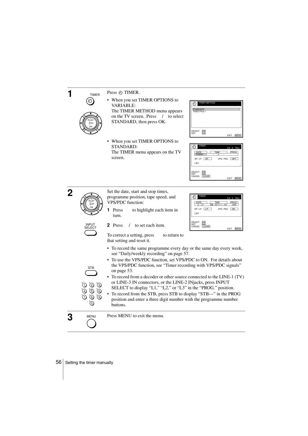 Sony SLV-SE850G operating instructions Standard, Timer menu appears on the TV screen 