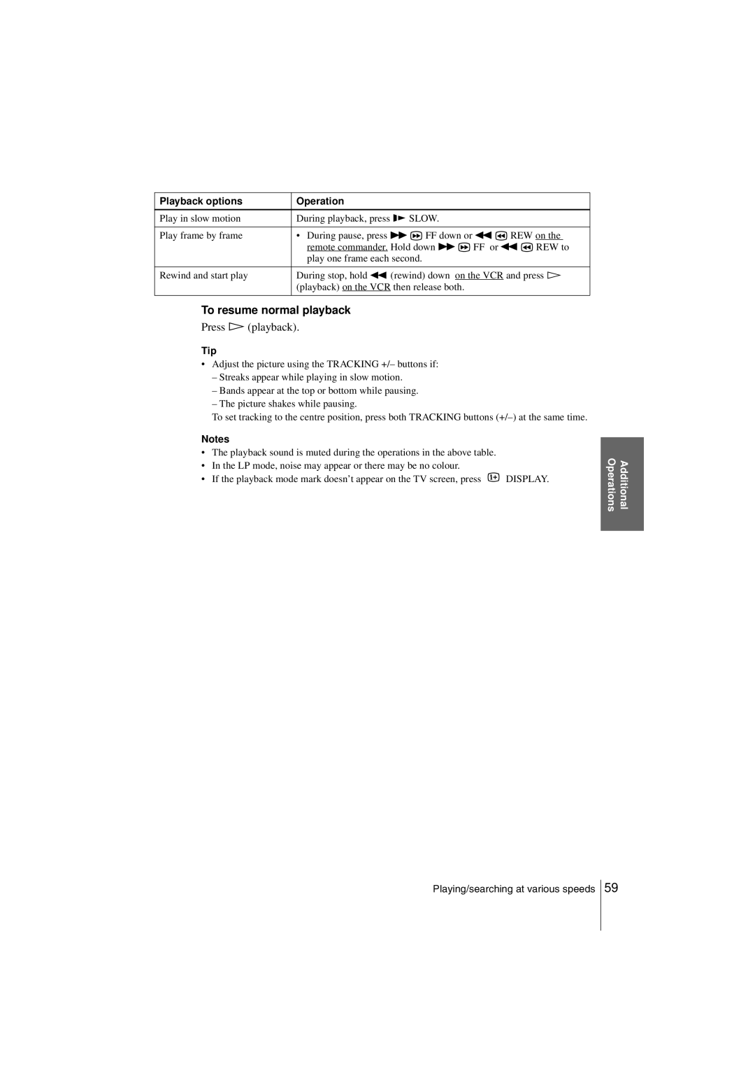 Sony SLV-SE850G operating instructions To resume normal playback, Press H playback, Playback options Operation 