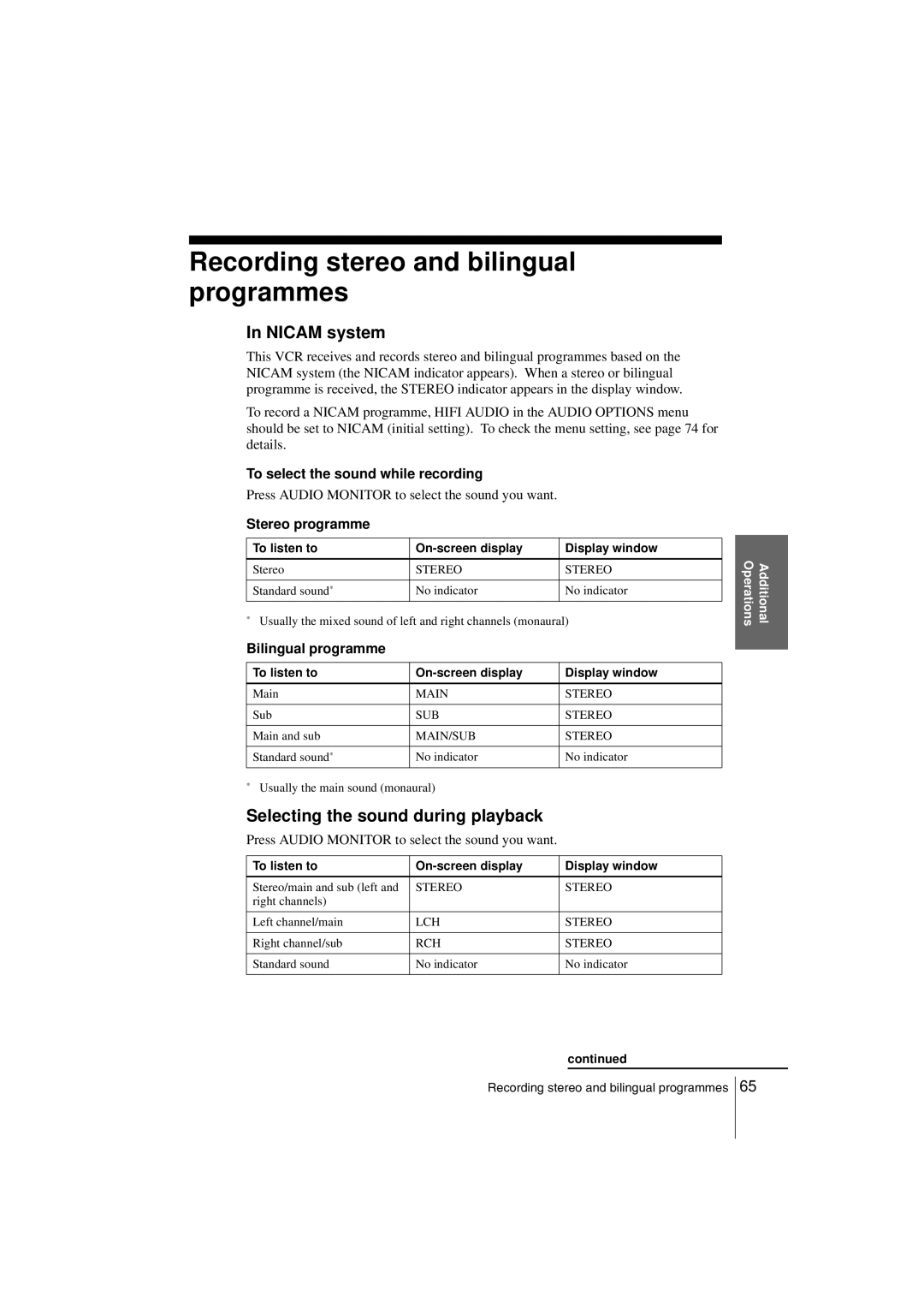 Sony SLV-SE850G Recording stereo and bilingual programmes, Nicam system, Selecting the sound during playback 