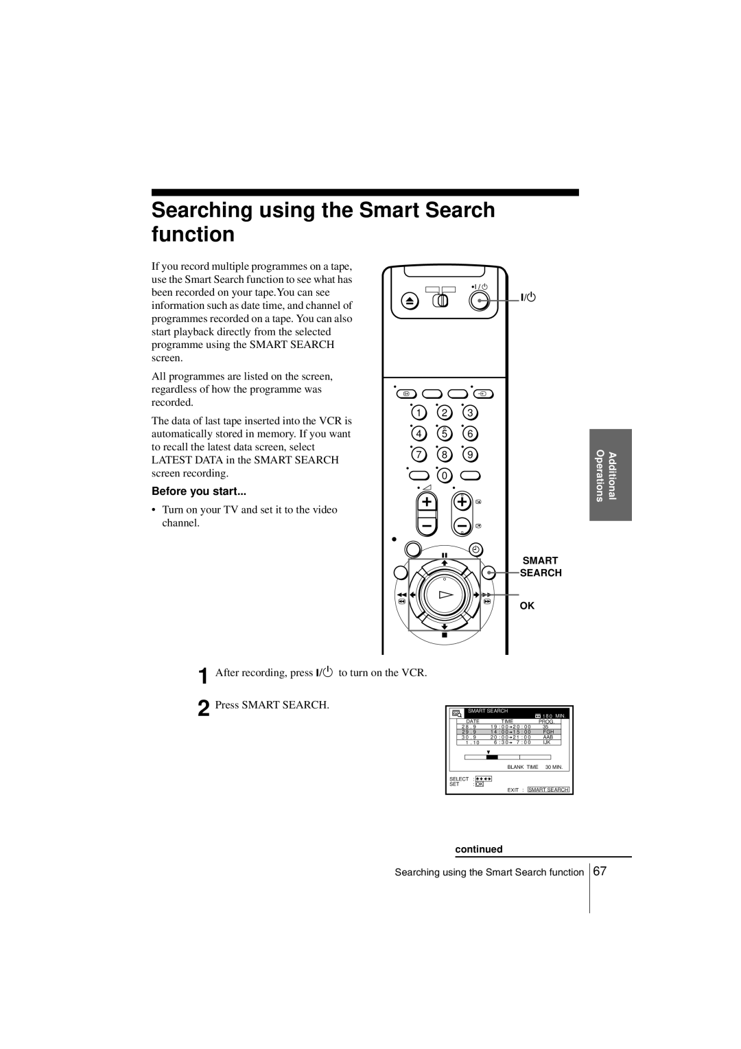 Sony SLV-SE850G Searching using the Smart Search function, Information such as date time, and channel 