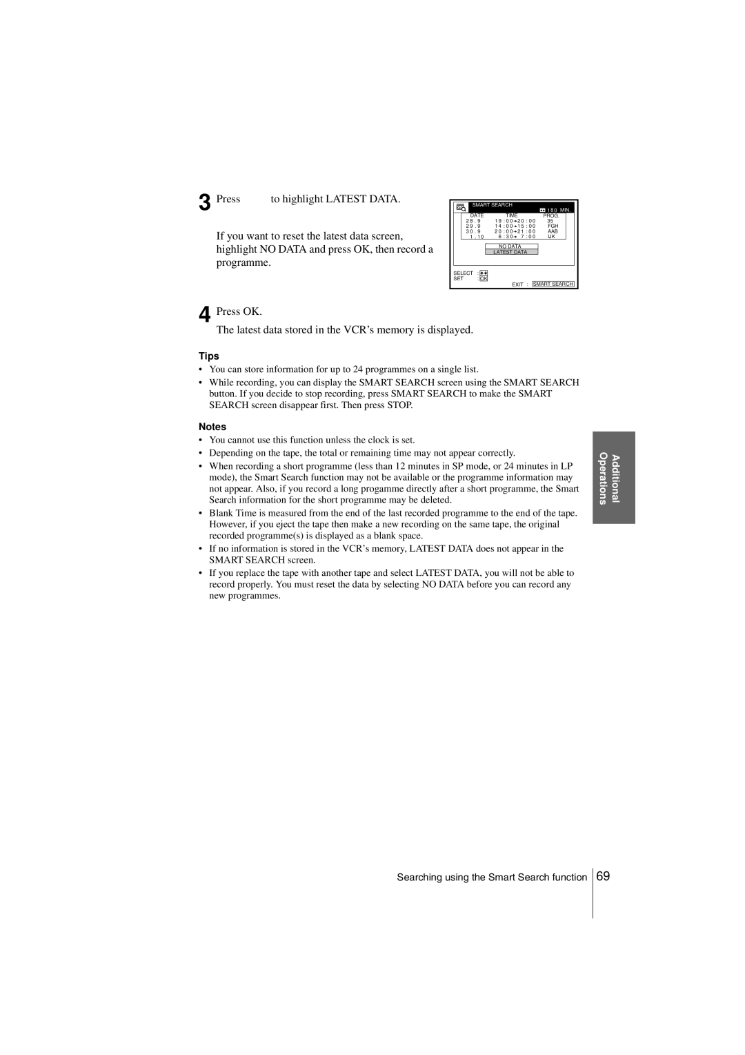 Sony SLV-SE850G operating instructions Press OK Latest data stored in the VCR’s memory is displayed 