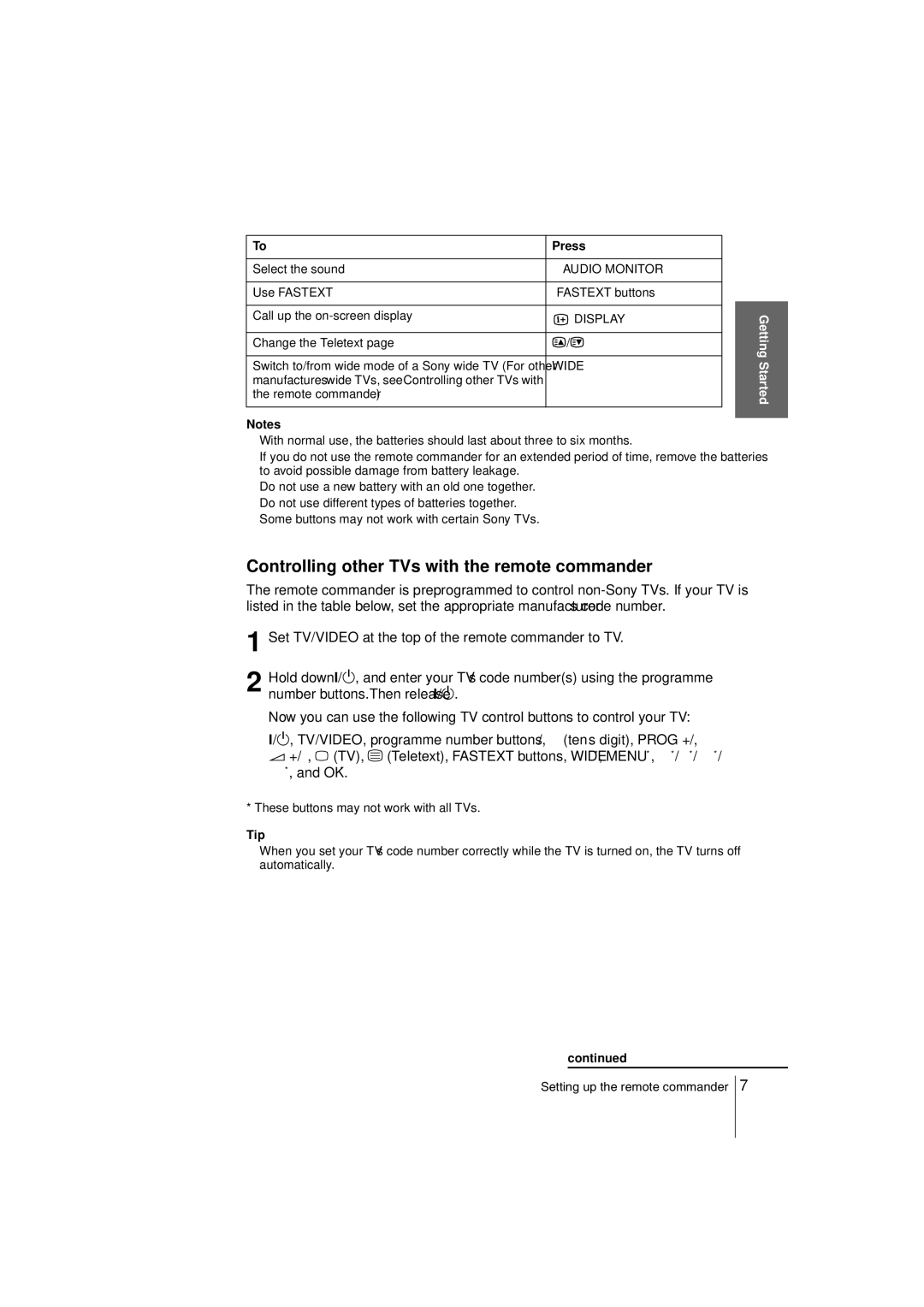 Sony SLV-SE850G operating instructions Controlling other TVs with the remote commander, Audio Monitor, Display, Wide, Tip 