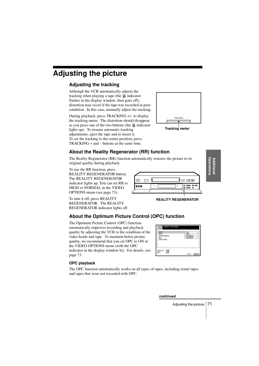 Sony SLV-SE850G Adjusting the picture, Adjusting the tracking, About the Reality Regenerator RR function, OPC playback 