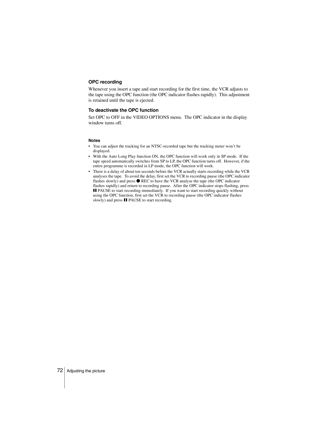 Sony SLV-SE850G operating instructions OPC recording, To deactivate the OPC function 