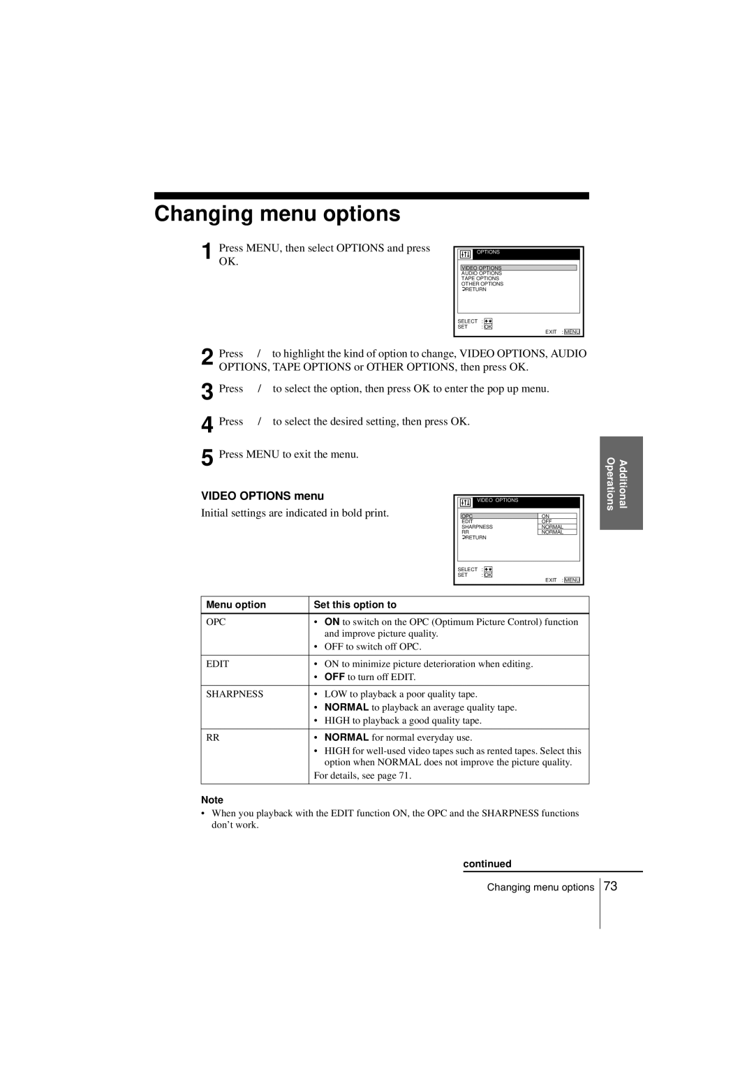 Sony SLV-SE850G Changing menu options, PressOK. MENU, then select Options and press, Video Options menu 