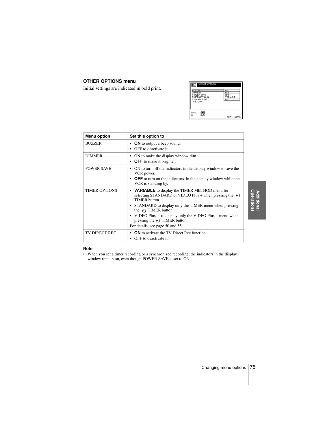 Sony SLV-SE850G operating instructions Other Options menu 