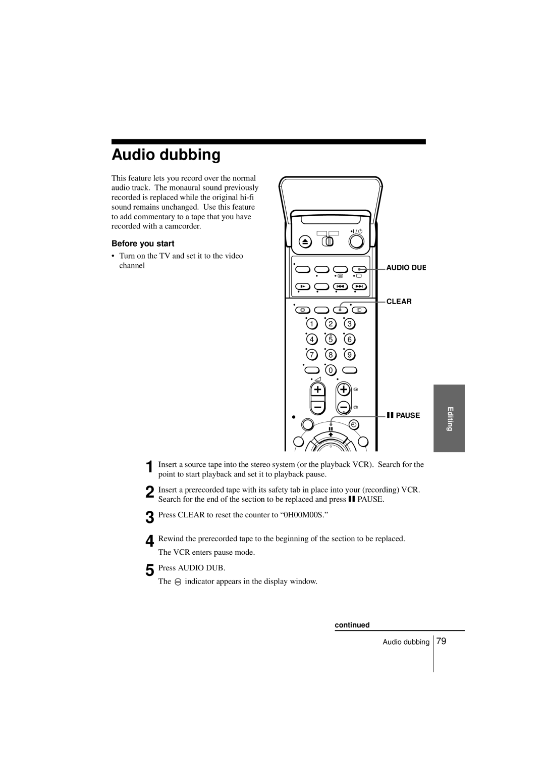 Sony SLV-SE850G operating instructions Audio dubbing, Turn on the TV and set it to the video channel 