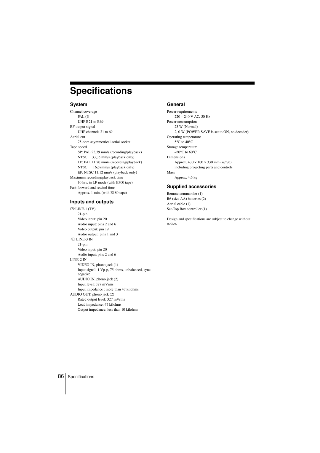 Sony SLV-SE850G operating instructions Specifications, System, Inputs and outputs, General, Supplied accessories 