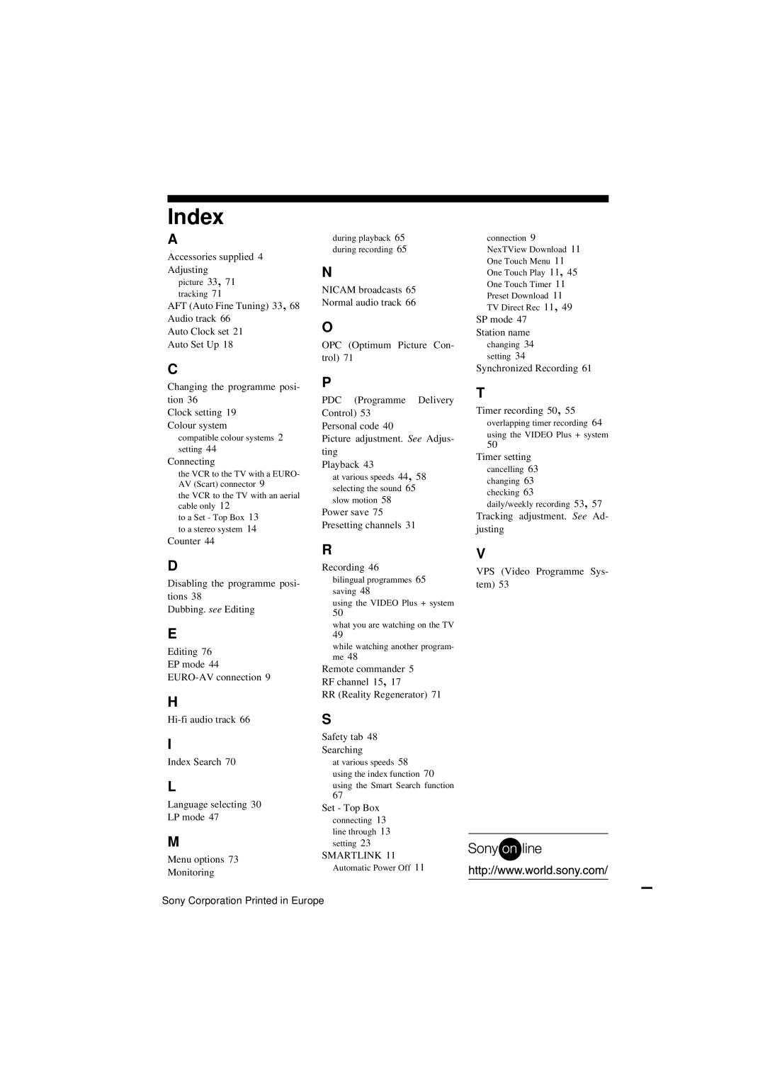 Sony SLV-SE850G operating instructions Index, Connecting 