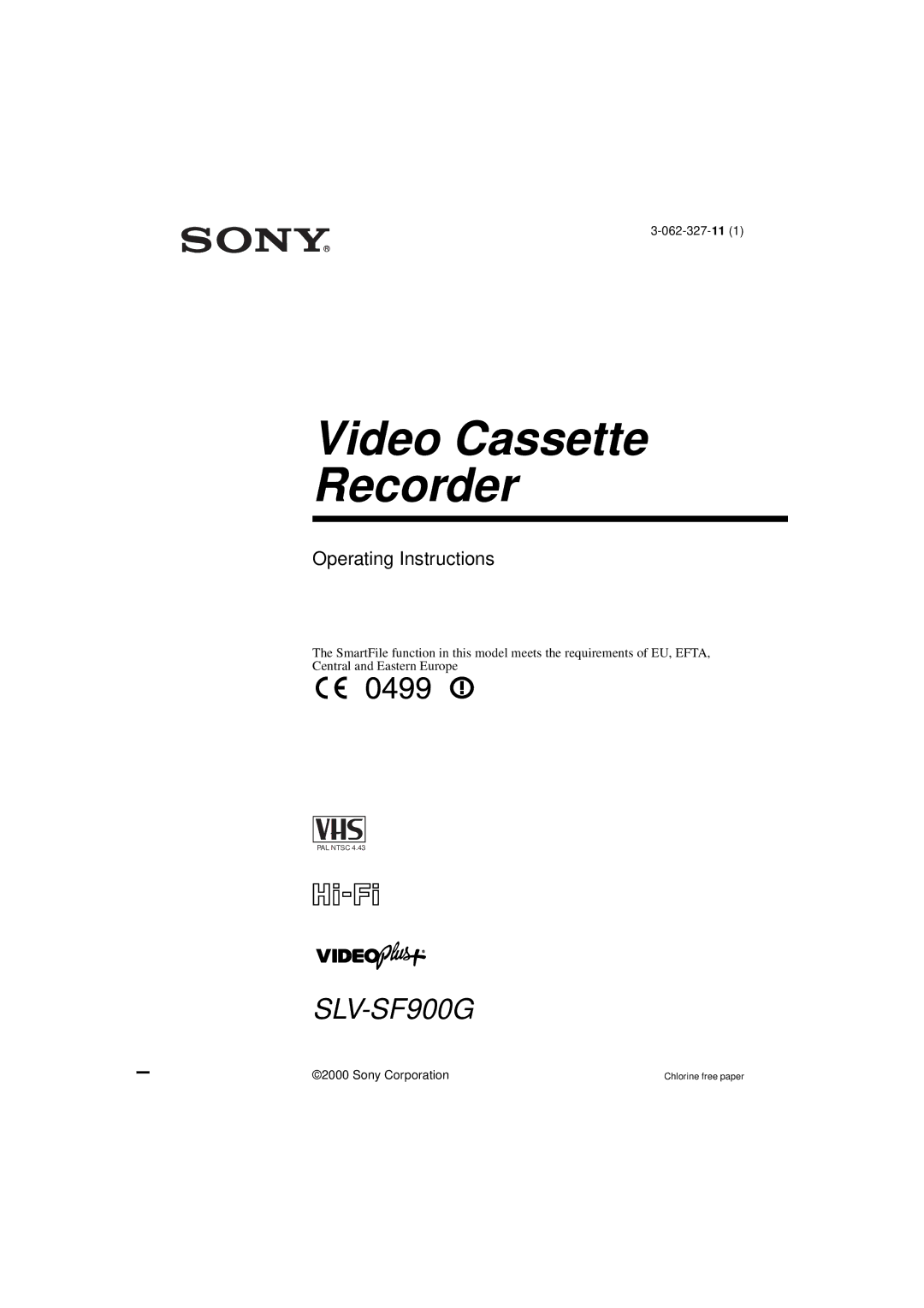 Sony SLV-SF900G manual Video Cassette Recorder 