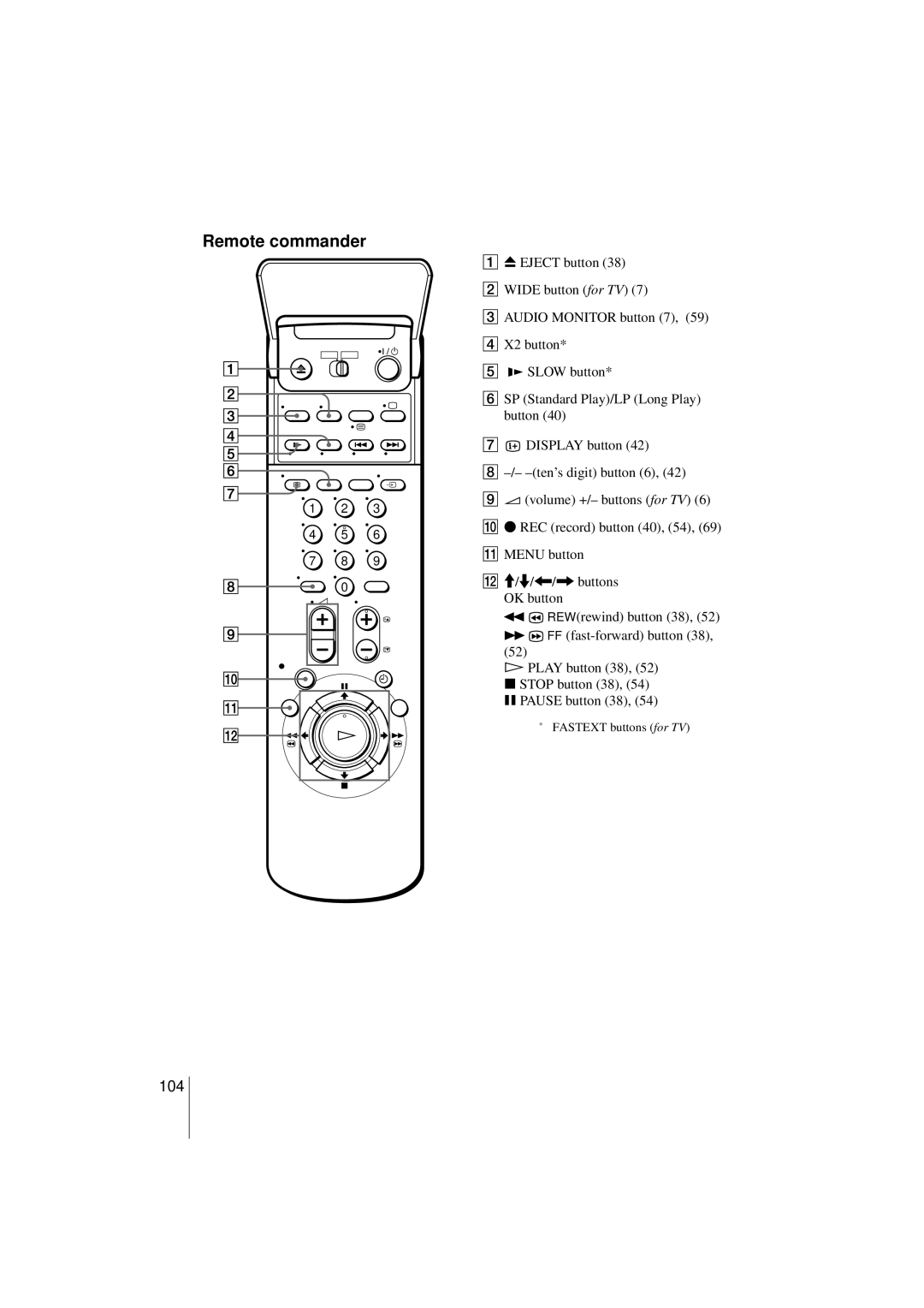 Sony SLV-SF900G manual Remote commander, 104 