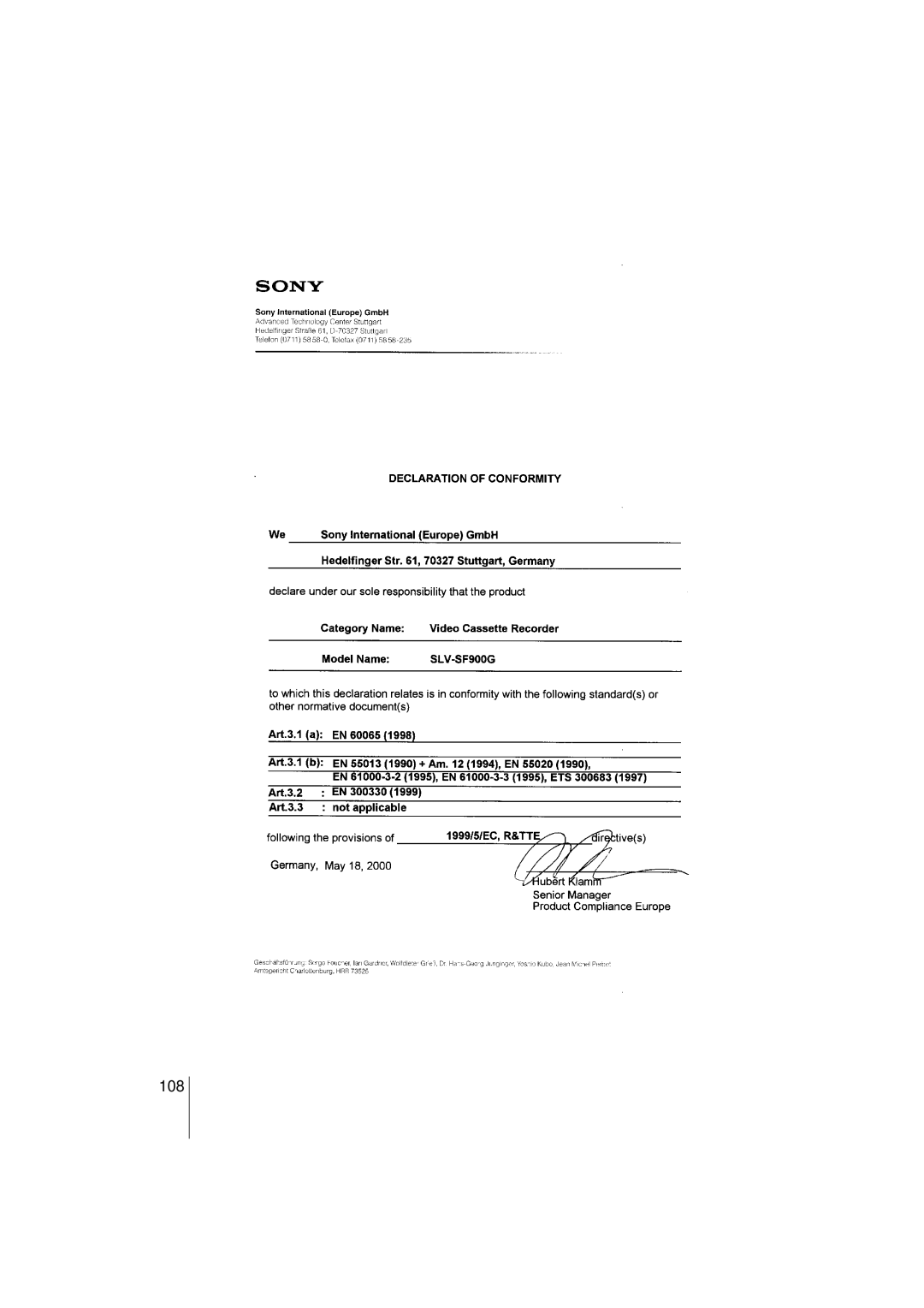 Sony SLV-SF900G manual 108 