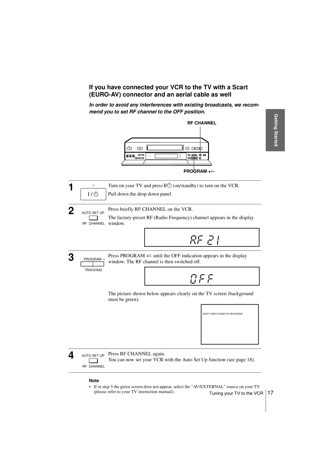 Sony SLV-SF900G manual Window. The RF channel is then switched off, Press RF Channel again 