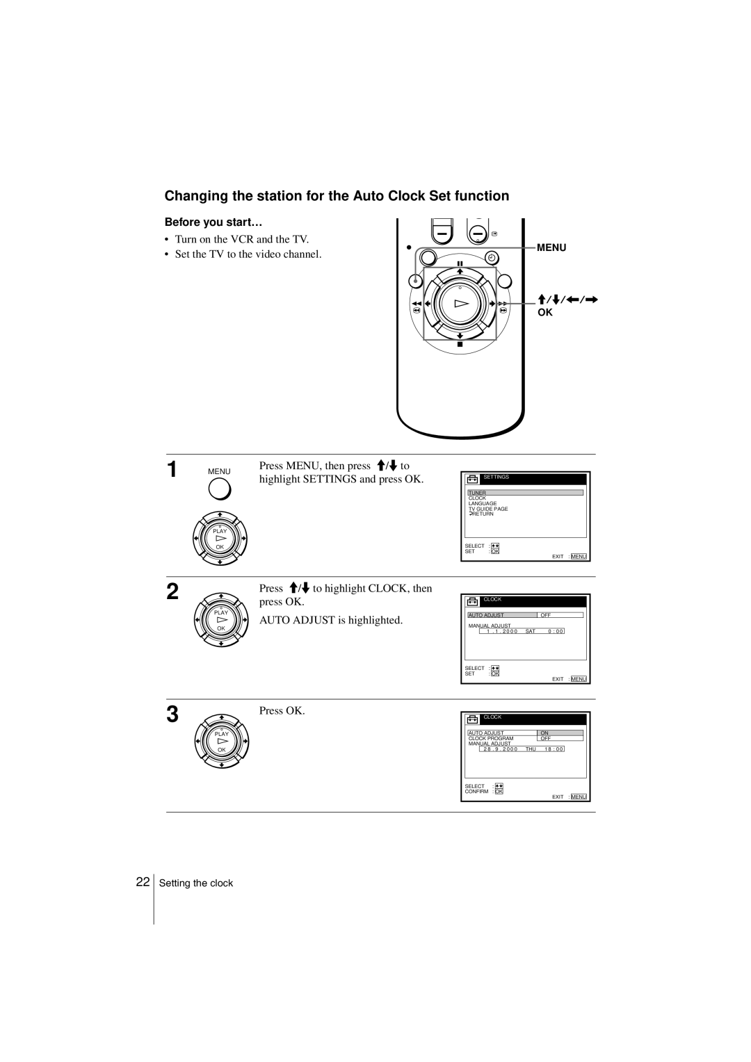 Sony SLV-SF900G manual Changing the station for the Auto Clock Set function, Auto Adjust is highlighted, Press OK 