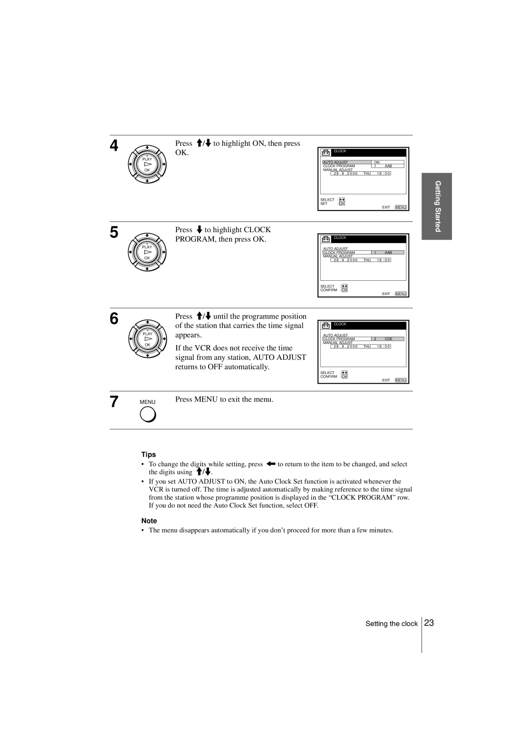 Sony SLV-SF900G manual Press M/m to highlight ON, then press, Press m to highlight Clock, PROGRAM, then press OK, Tips 