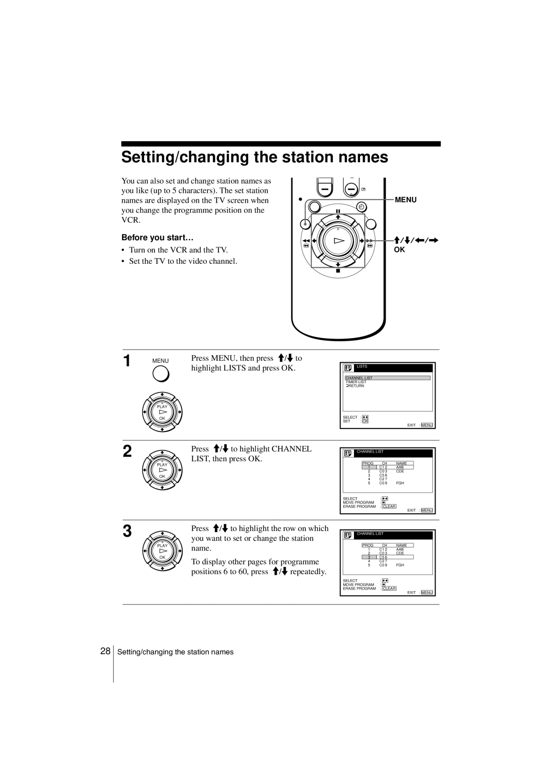 Sony SLV-SF900G manual Setting/changing the station names, Highlight Lists and press OK 