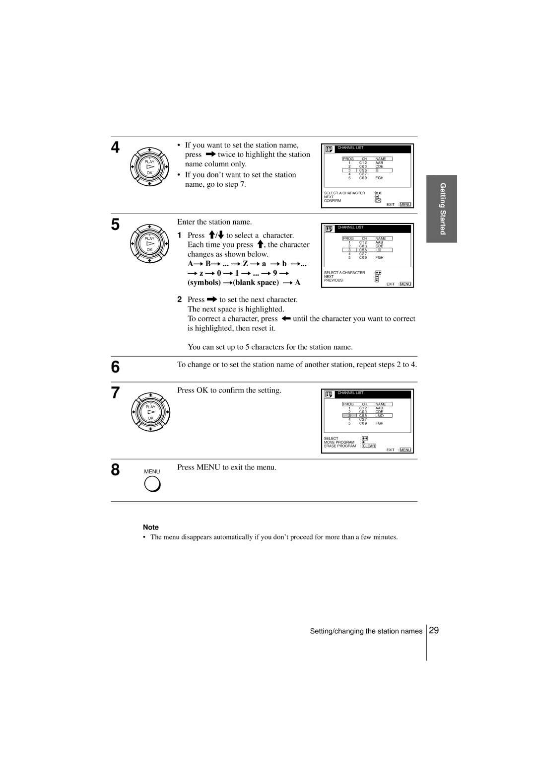 Sony SLV-SF900G manual To correct a character, press is highlighted, then reset it, Press Menu to exit the menu 