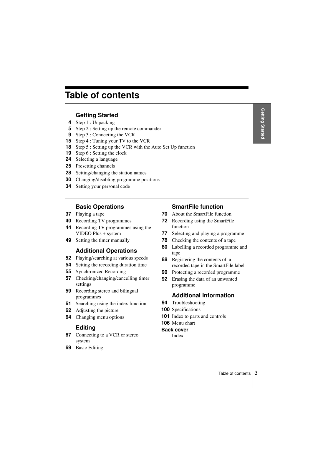 Sony SLV-SF900G manual Table of contents 