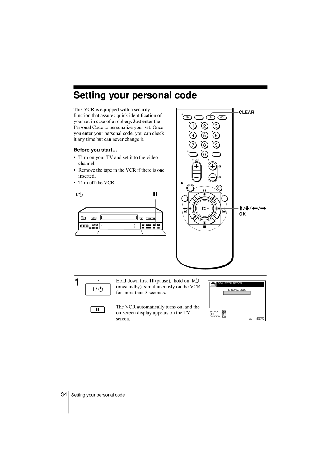 Sony SLV-SF900G Setting your personal code, Hold down first X pause, hold on ?/1, On/standby simultaneously on the VCR 