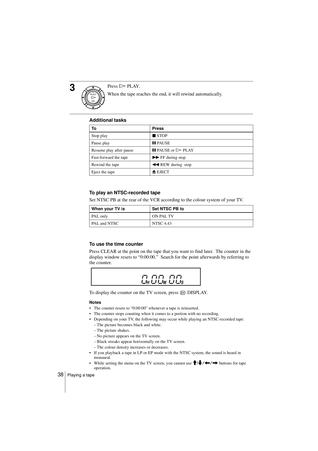 Sony SLV-SF900G Additional tasks, To play an NTSC-recorded tape, To use the time counter, When your TV is Set Ntsc PB to 