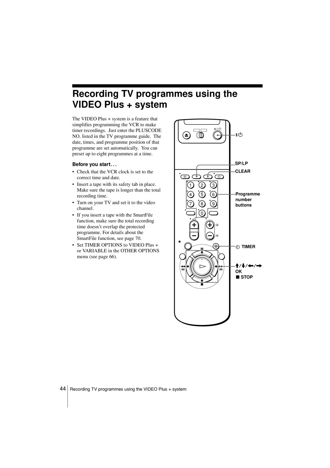 Sony SLV-SF900G manual Recording TV programmes using the Video Plus + system, Number, Buttons 