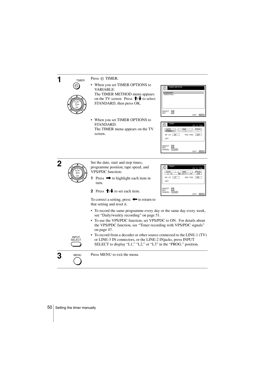 Sony SLV-SF900G manual Timer menu appears on the TV screen, Or LINE-3 in connectors, or the LINE-2 INjacks, press Input 