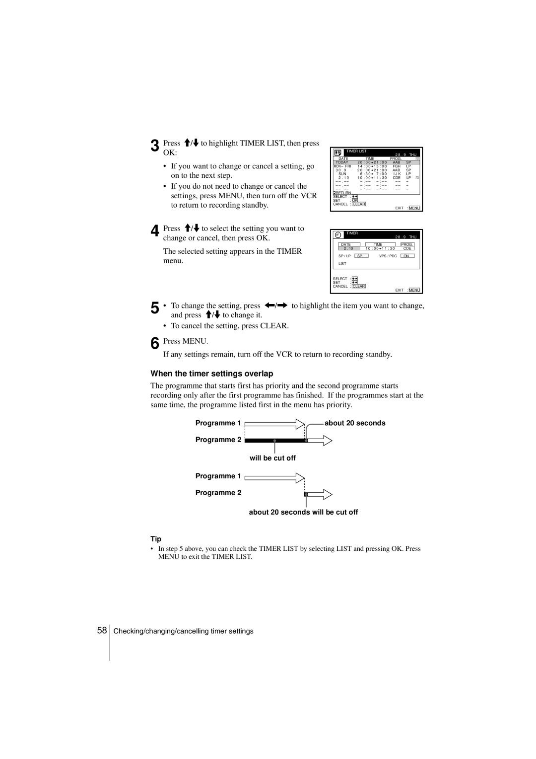 Sony SLV-SF900G manual When the timer settings overlap, Programme 