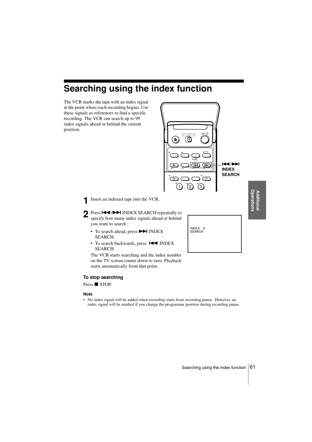 Sony SLV-SF900G manual Searching using the index function, To stop searching 