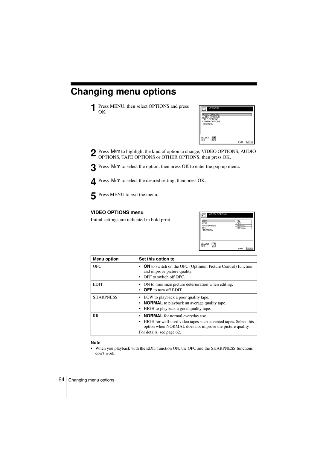 Sony SLV-SF900G manual Changing menu options, PressOK. MENU, then select Options and press, Video Options menu 