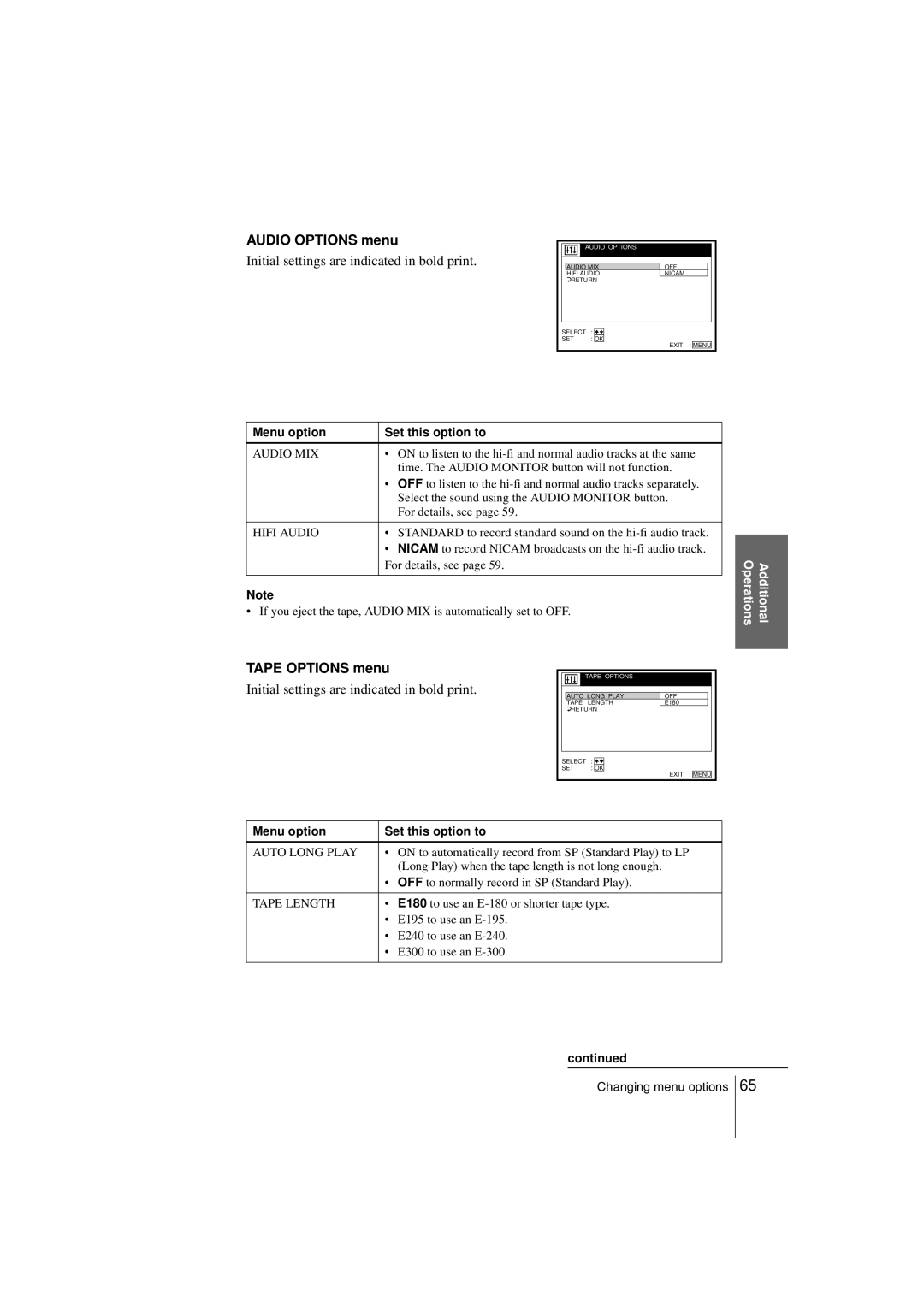 Sony SLV-SF900G manual Audio Options menu, Tape Options menu 