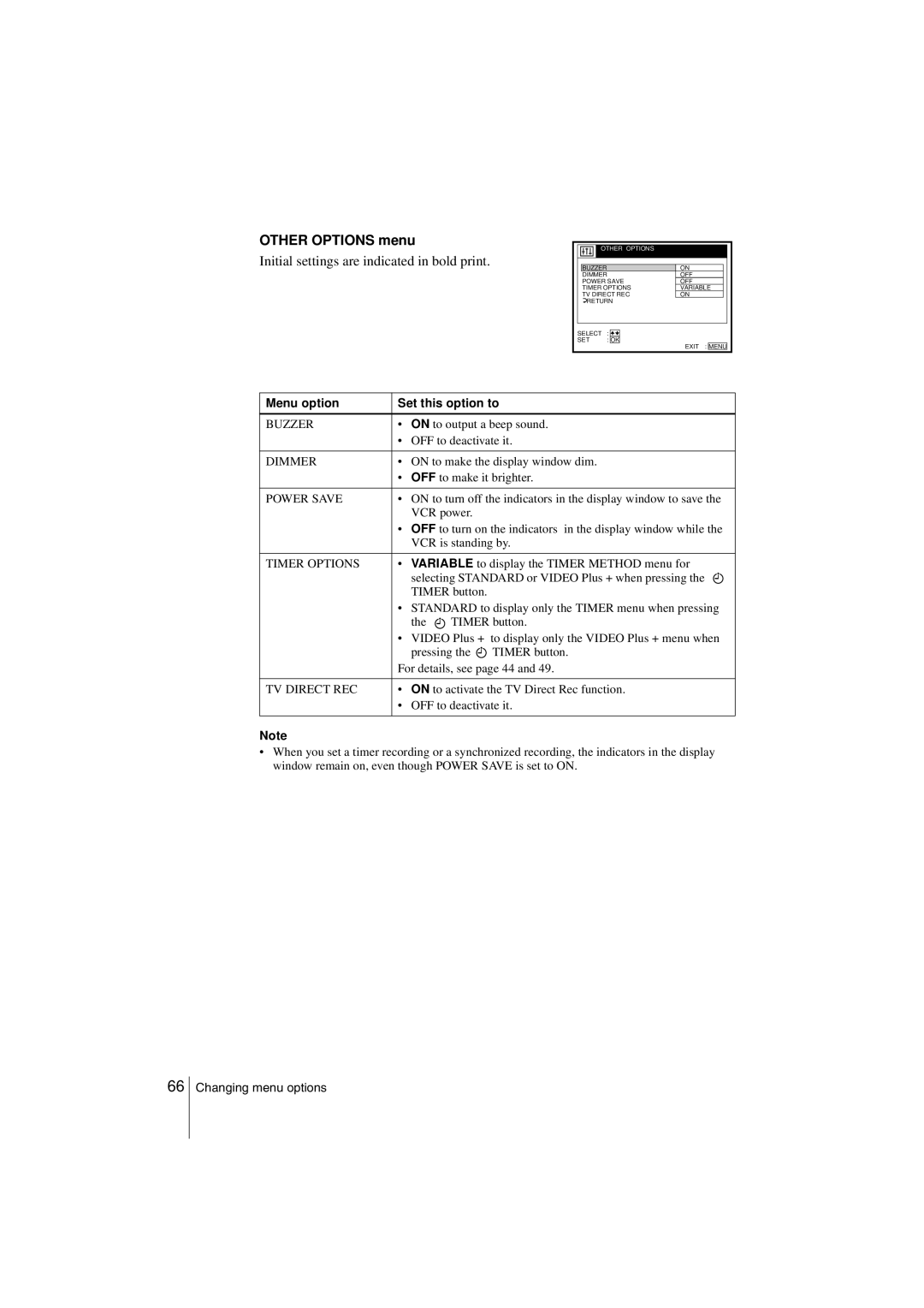 Sony SLV-SF900G manual Other Options menu 