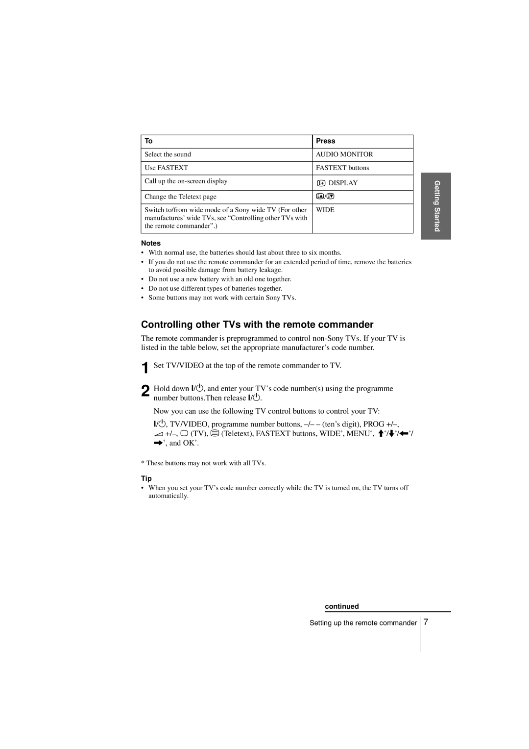 Sony SLV-SF900G manual Controlling other TVs with the remote commander, Tip 