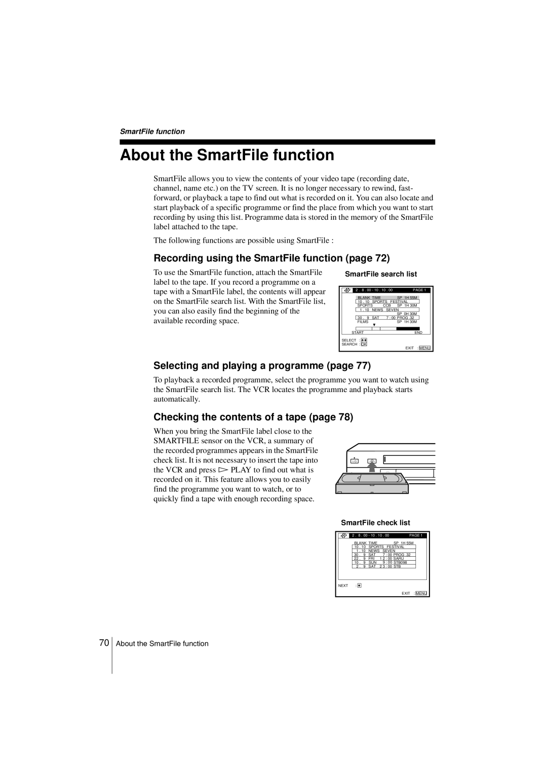 Sony SLV-SF900G About the SmartFile function, Recording using the SmartFile function, Selecting and playing a programme 