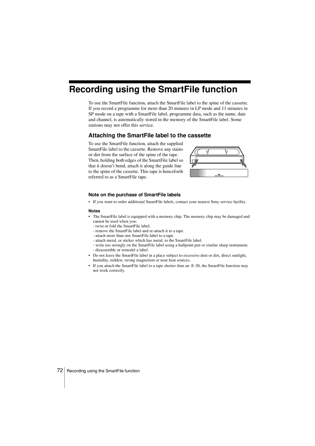 Sony SLV-SF900G manual Recording using the SmartFile function, Attaching the SmartFile label to the cassette 