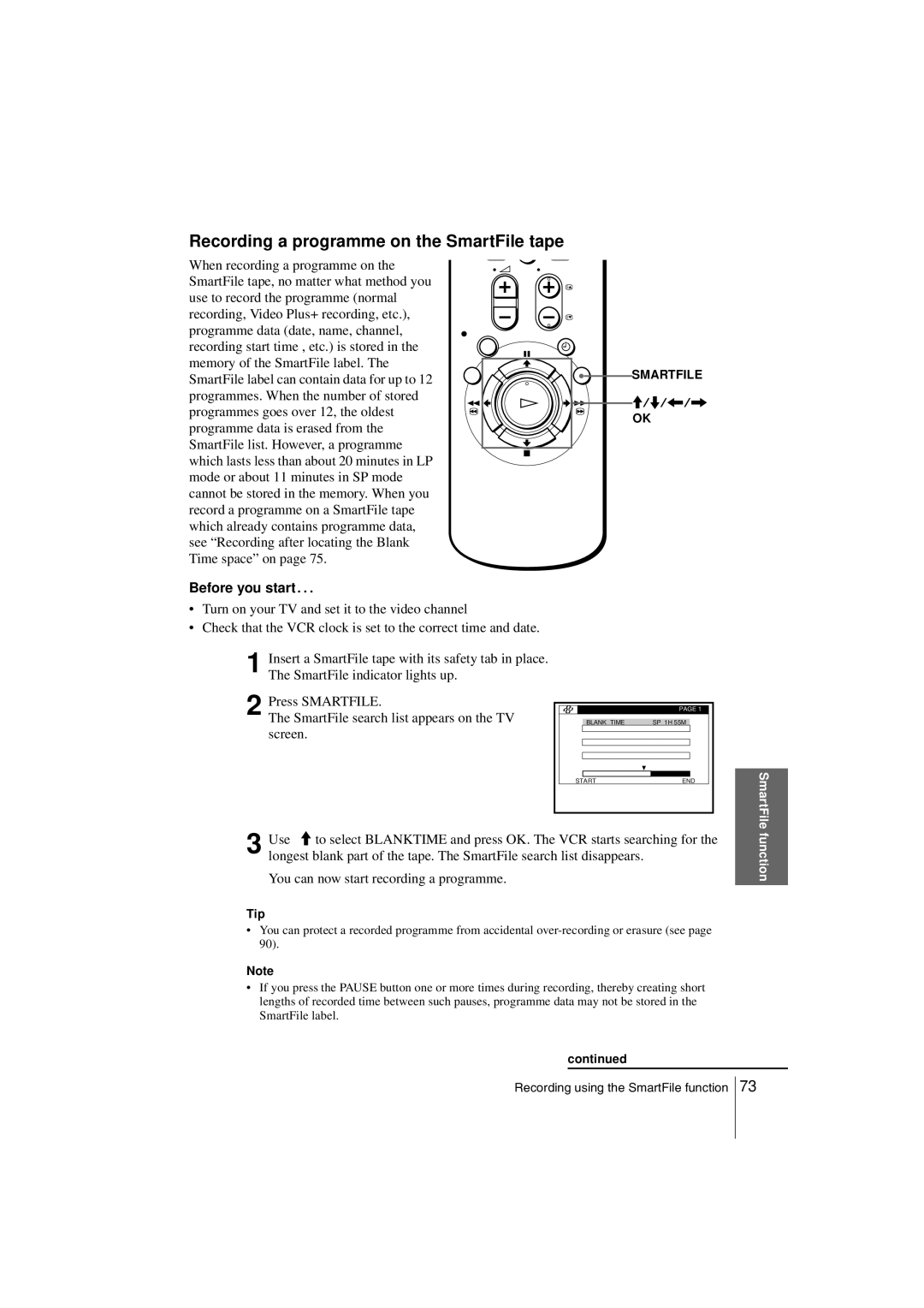 Sony SLV-SF900G manual Recording a programme on the SmartFile tape, Before you start… 